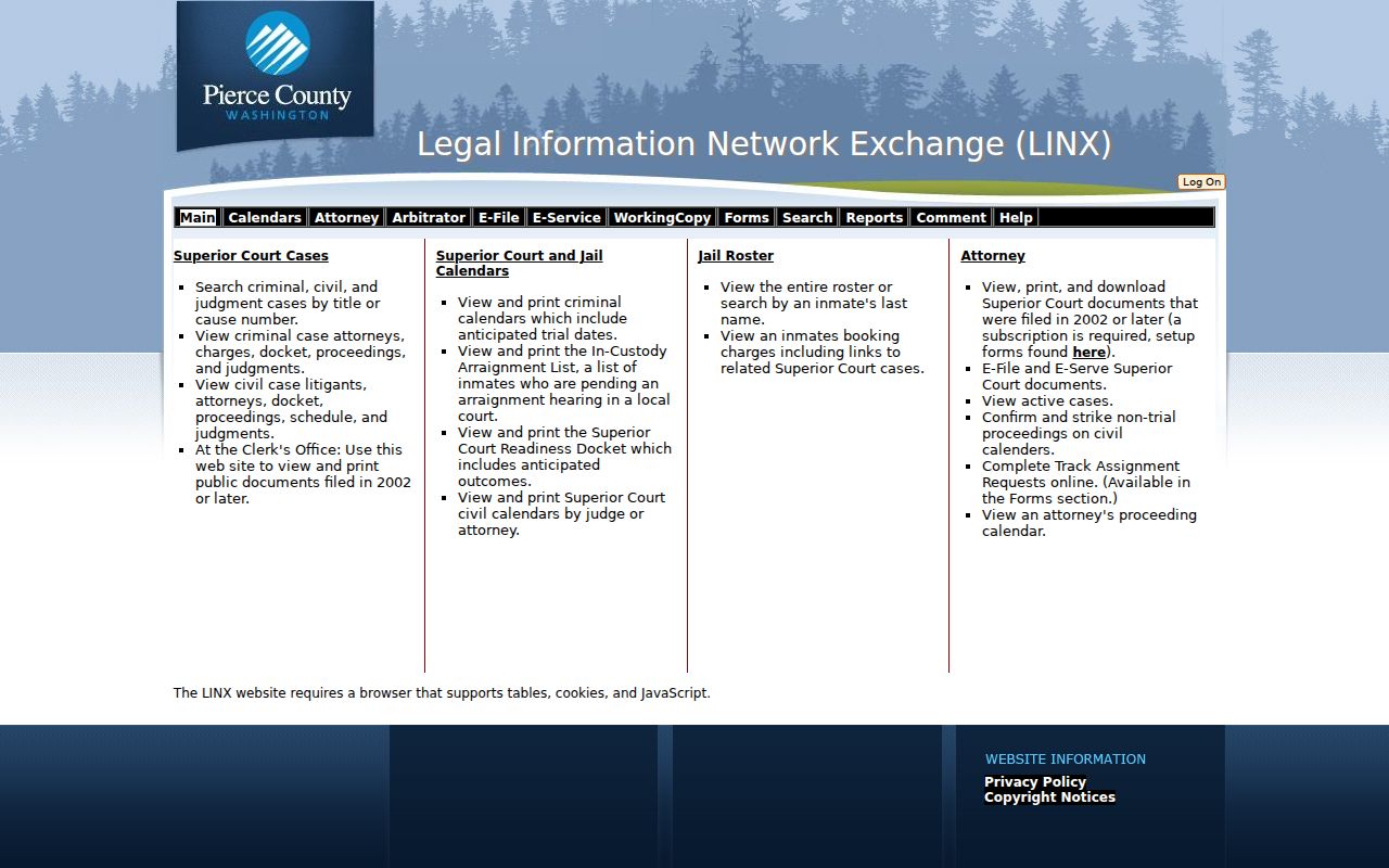 Pierce County LINX service menu for court cases and jail records