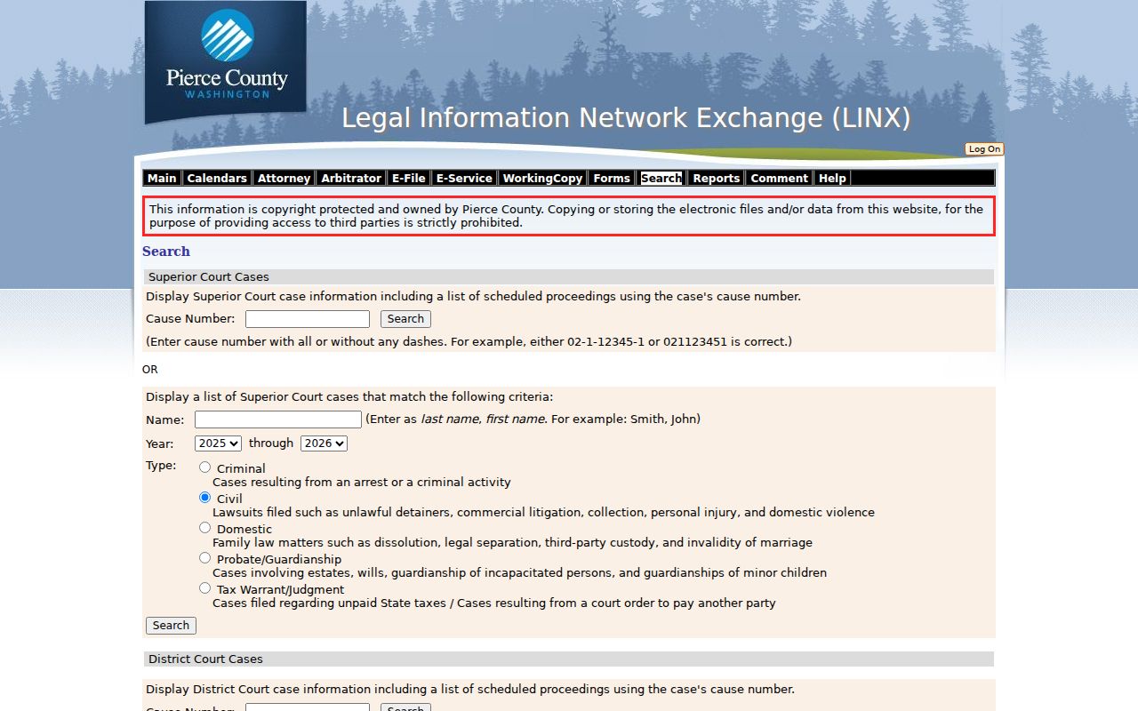 Pierce County LINX search form with cause number, name, year, and criminal case fields