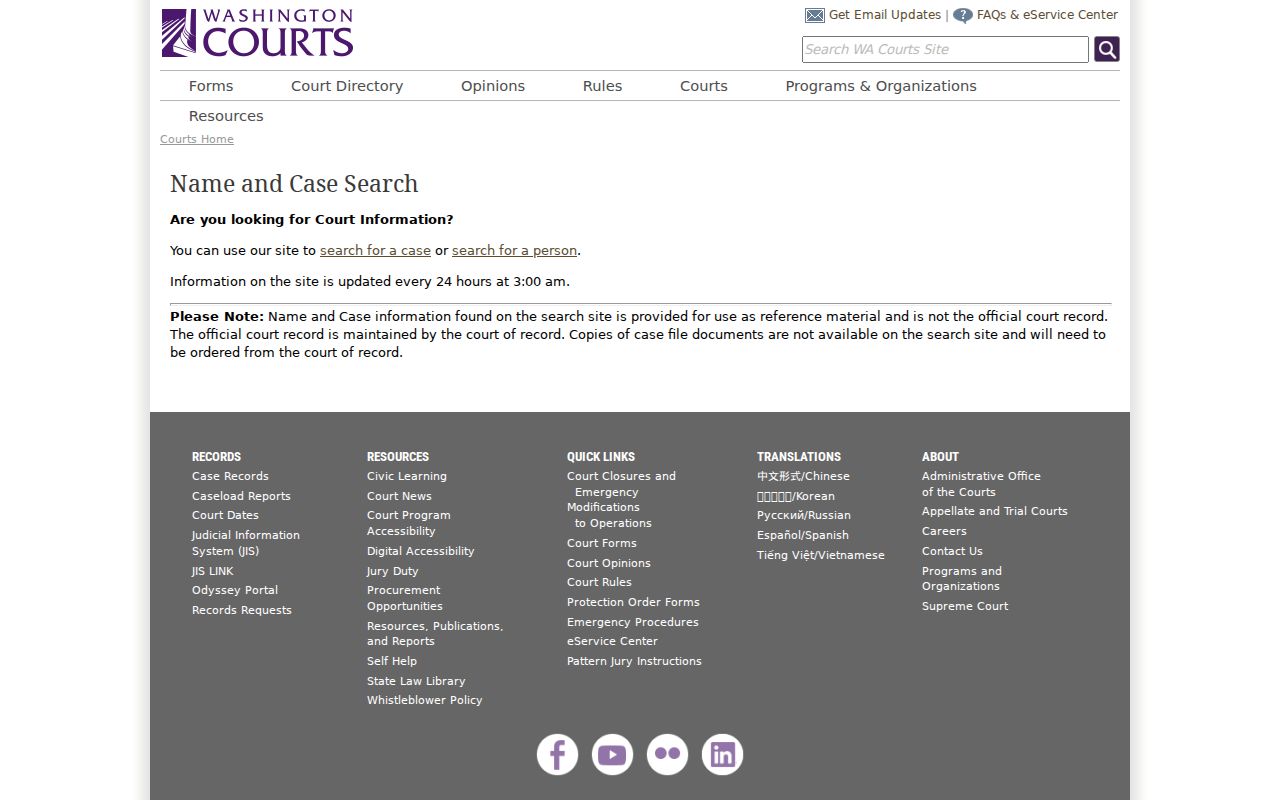 Pierce County criminal records Washington Courts case search