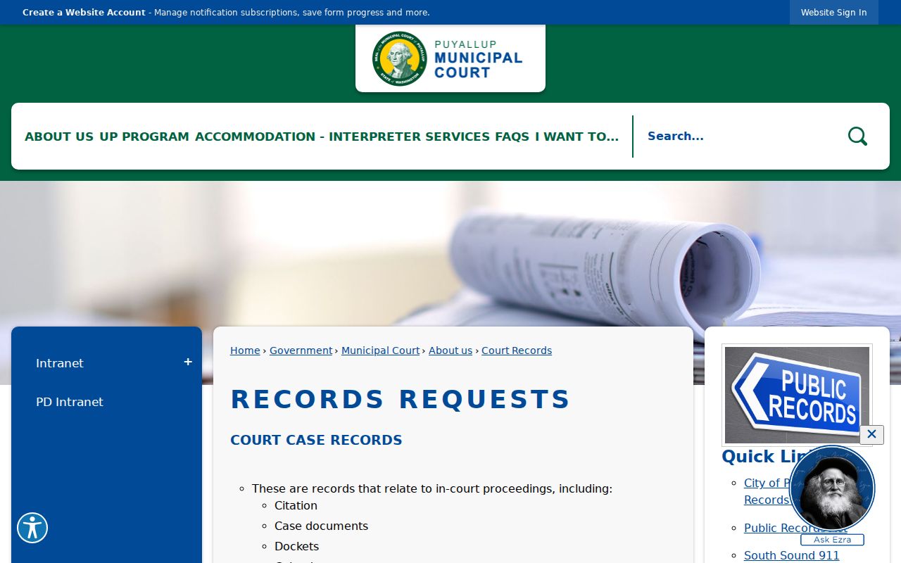 Puyallup criminal records request page for Municipal Court documents