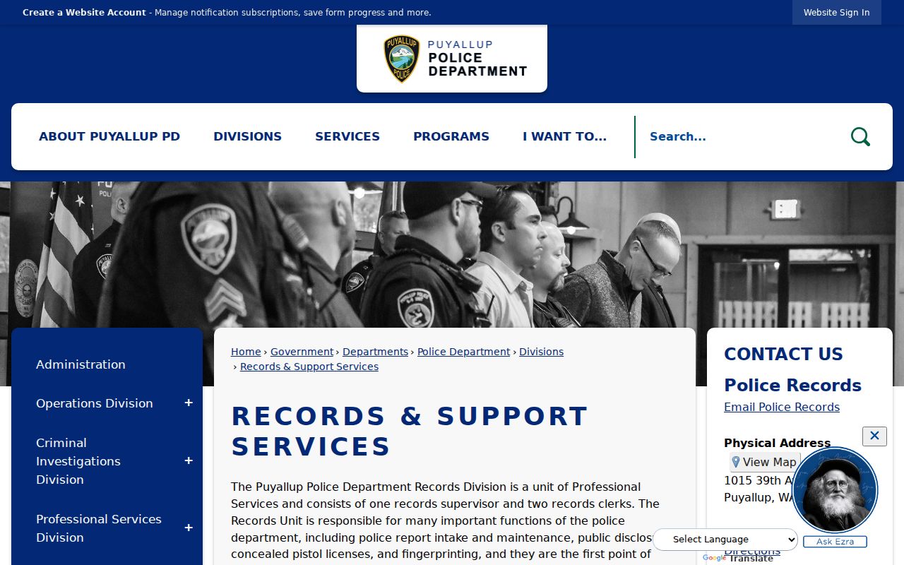 Puyallup criminal history request page for Puyallup Police records